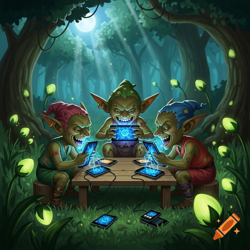 Three grinning goblins in a moonlit forest playing with glowing smartphones, surrounded by luminous plants, in a cartoon fantasy style.