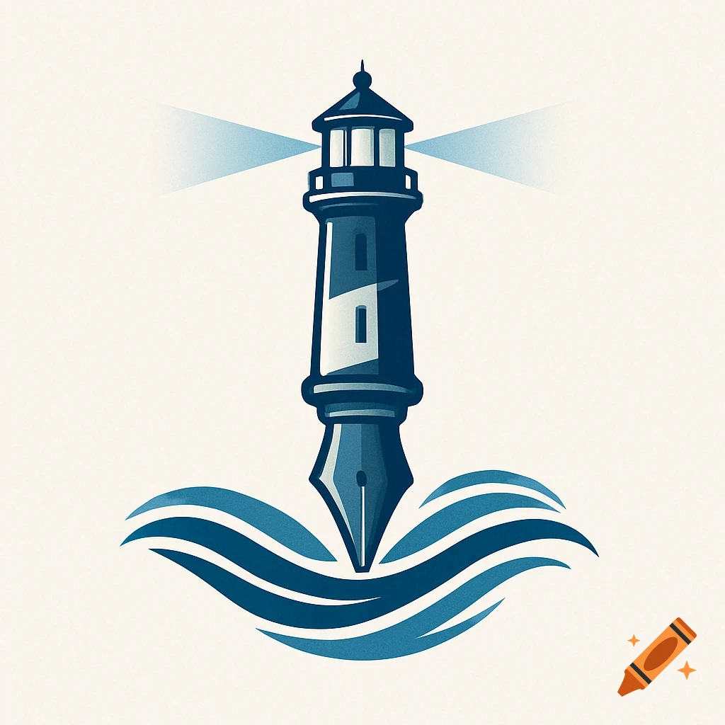 A stylized business logo featuring a dark blue lighthouse with a pen nib as its base, standing on light and dark blue waves.