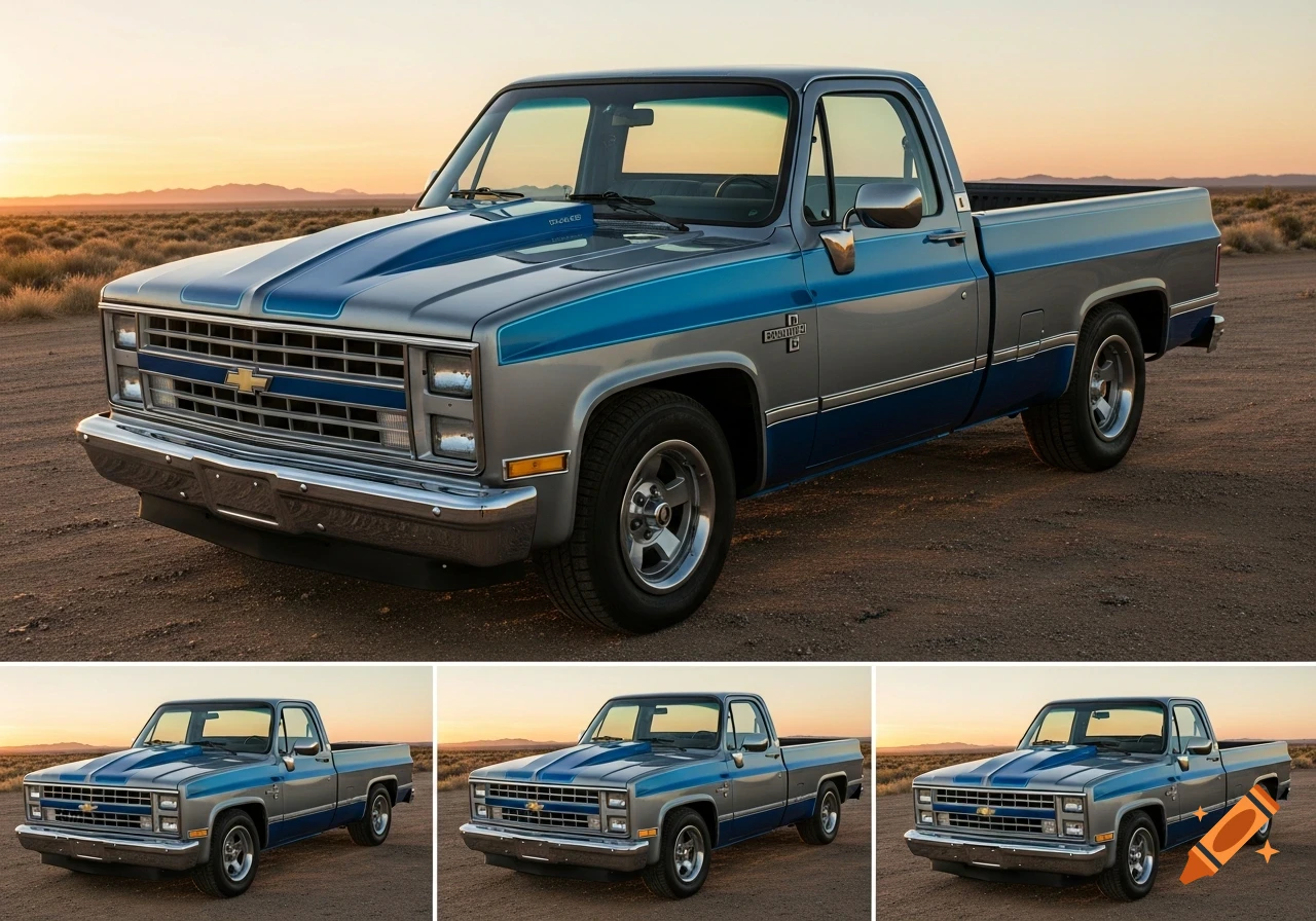A two-tone grey and blue classic Chevrolet K10 pickup truck with racing stripes, parked in a desert landscape at sunset.