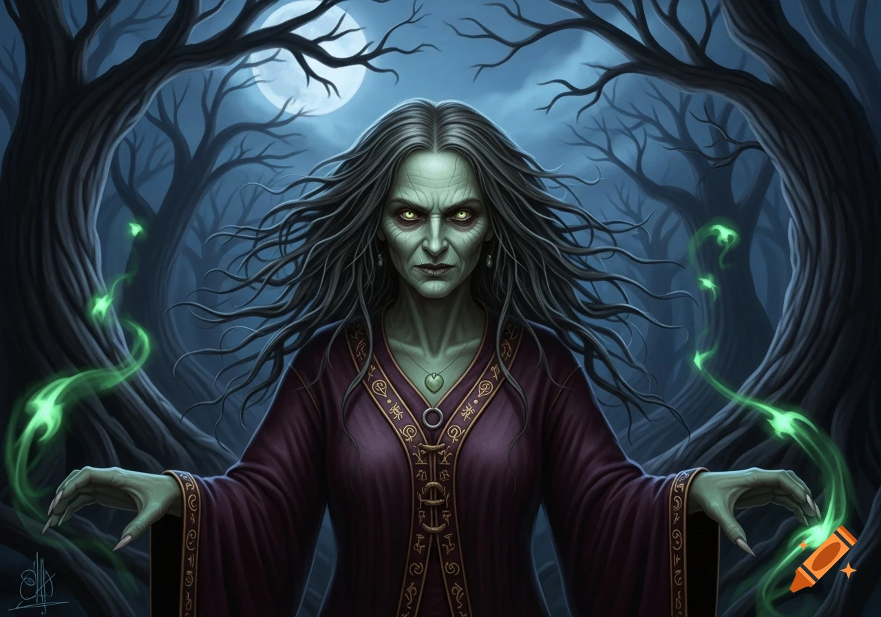 An unsettling, green-skinned witch with glowing yellow eyes and long dark hair, wearing a dark purple robe, stands in a gnarled forest under a full moon, with green magical energy swirling around her hands.