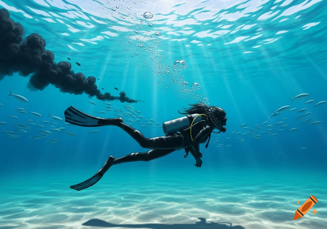 A scuba diver exhales black cloud-like bubbles while swimming among fish in sunlit blue water above a sandy seafloor.