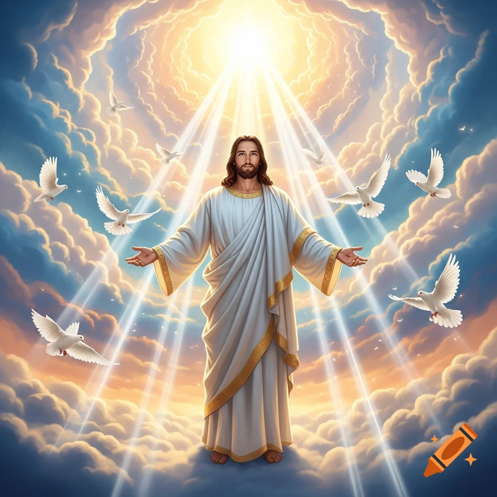 Jesus Christ in a white robe with gold trim, standing among clouds with arms outstretched, surrounded by white doves and radiant light from above in a digital painting.
