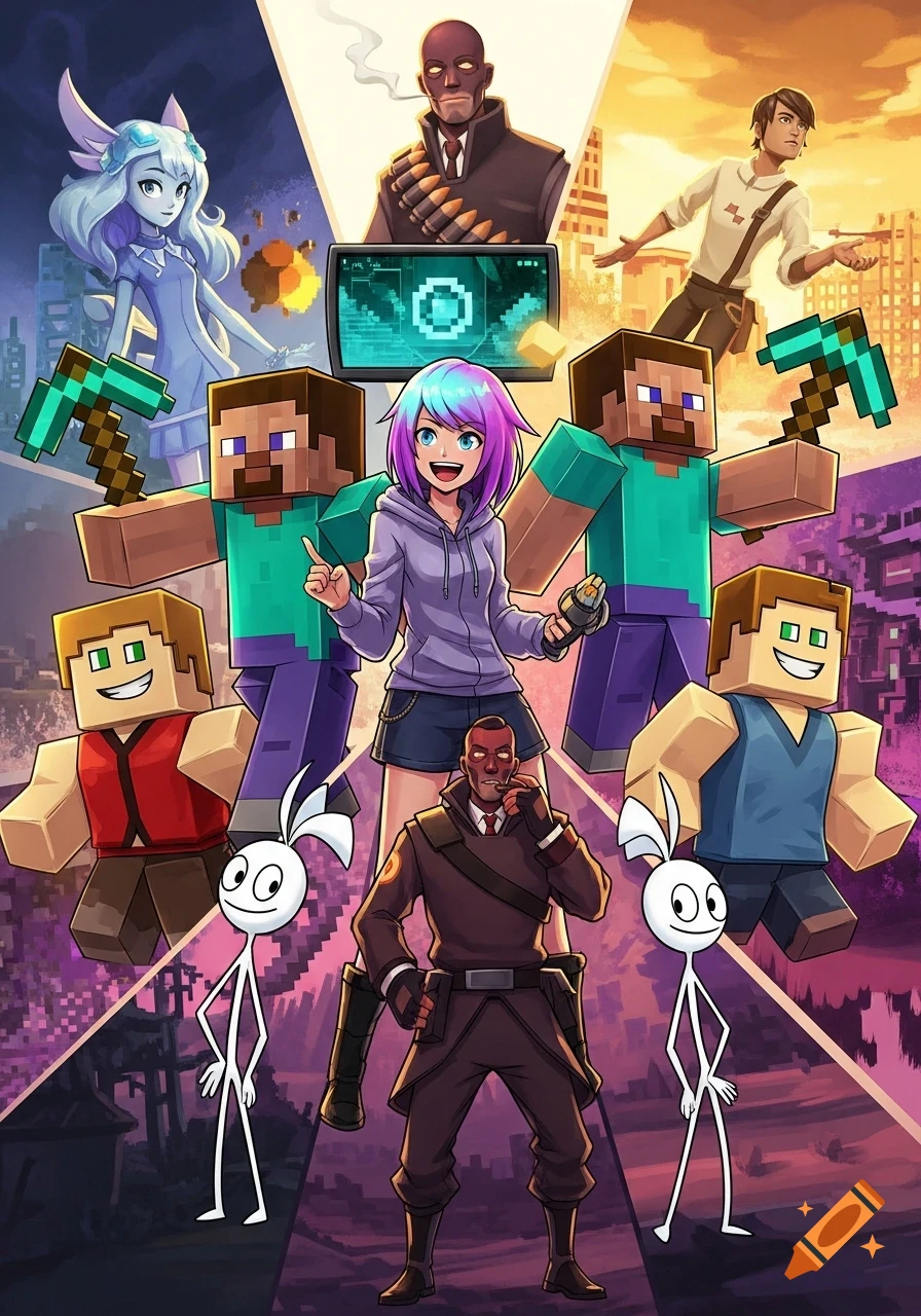 A colorful cartoon crossover illustration featuring characters from various video game and animation franchises, including Minecraft Steves, Team Fortress 2 Spy, a Roblox noob, Jaiden Animations, Shgurr, and Stickmin figures, posed together against a split background.