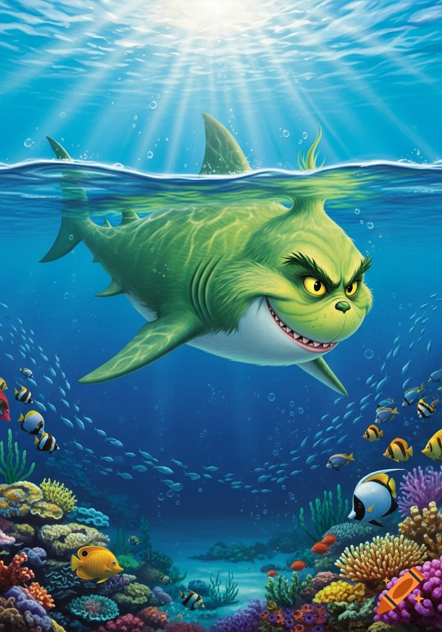 A grinning, green, Grinch-like shark with sharp teeth swims in a vibrant coral reef with colorful tropical fish.