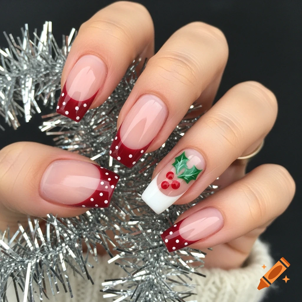 Close-up of a hand holding silver tinsel, showcasing coffin-shaped Christmas nails with red polka dot French tips and a holly berry design.