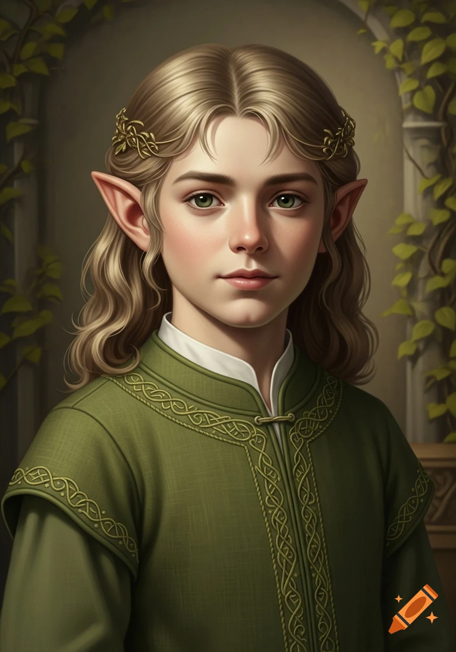Portrait of a blonde elvish child with green eyes, wearing a green tunic with gold Celtic knots, in a garden setting.