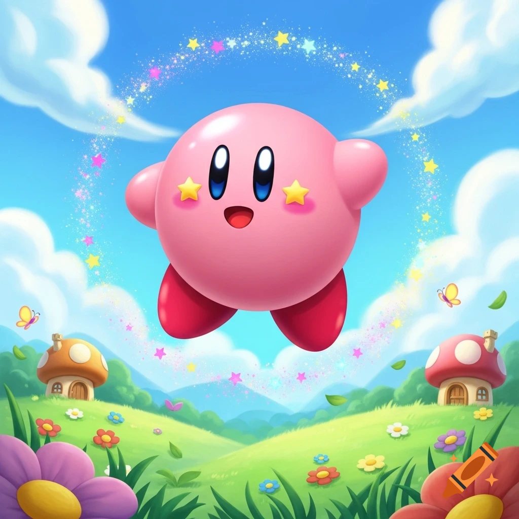 A cute, pink Kirby floats happily in a vibrant cartoon landscape under a blue sky, surrounded by sparkling stars, clouds, flowers, and mushroom houses.
