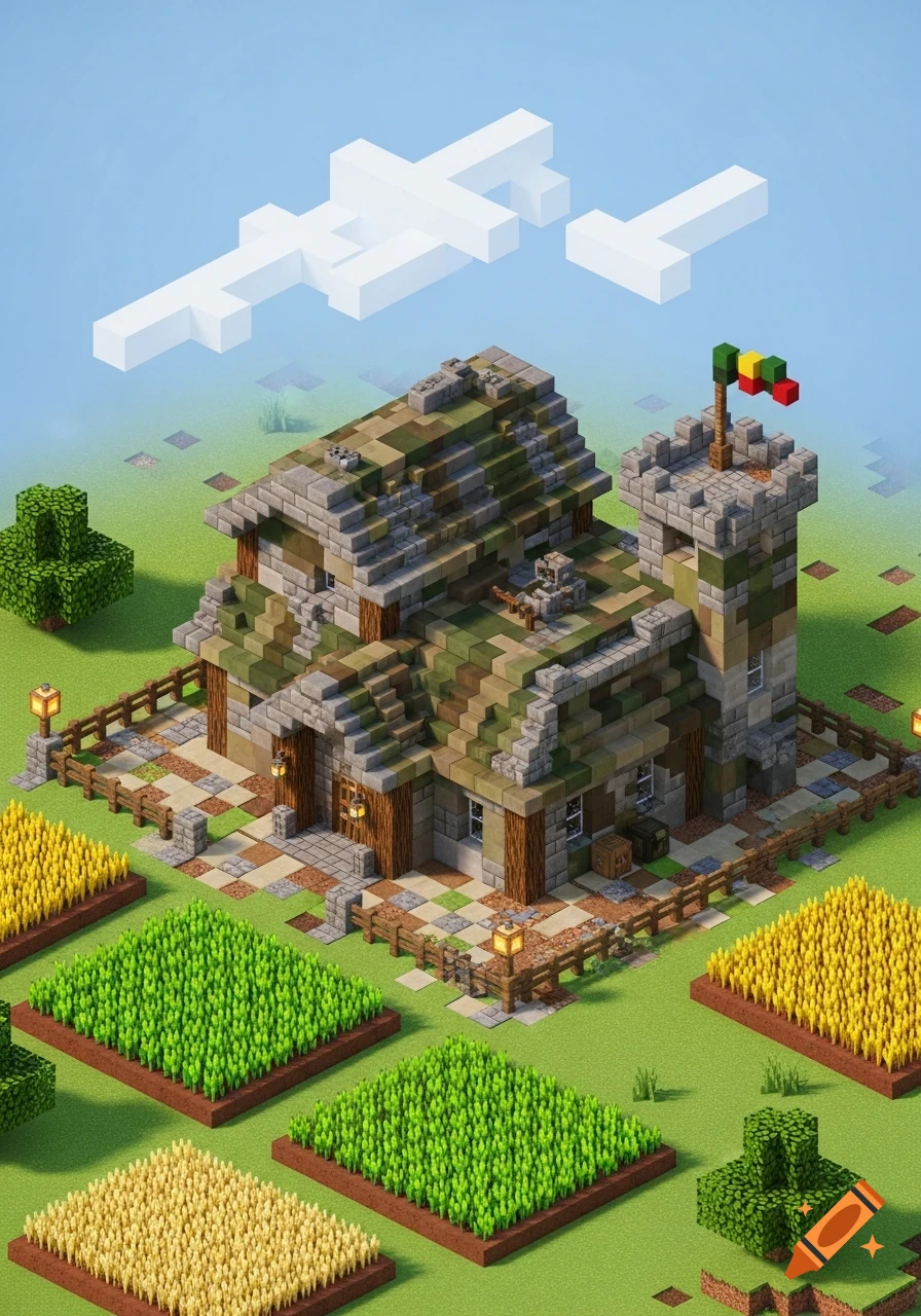 An isometric view of a blocky Minecraft-style house with a tower and a flag, surrounded by fenced farmland with wheat and green crops.