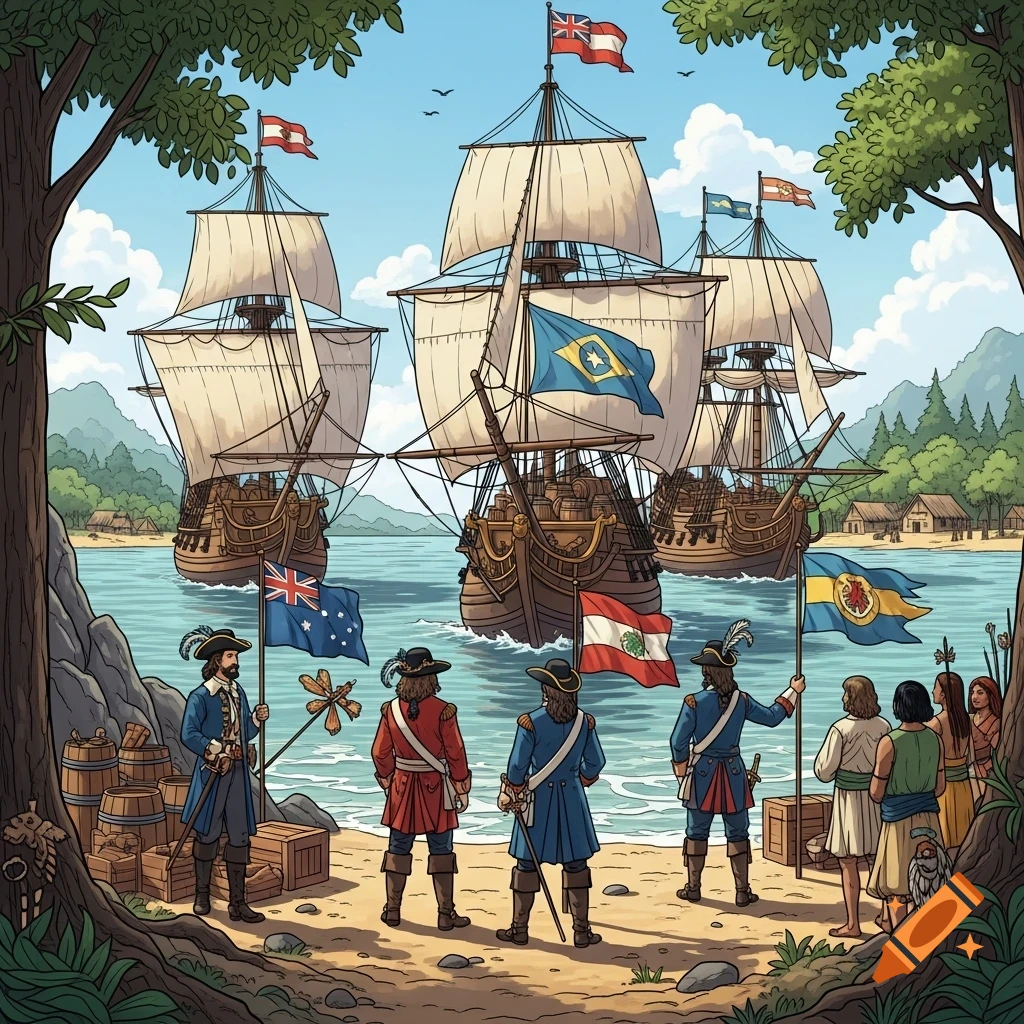 Colorful illustration of European colonization with sailing ships approaching a shore. Explorers with flags stand on the beach facing indigenous people. Trees frame the scene.