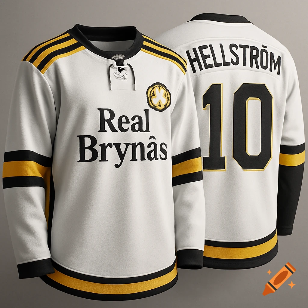 A white, black, and yellow hockey jersey with 'Real Brynäs' on the front and 'HELLSTRÖM 10' on the back.