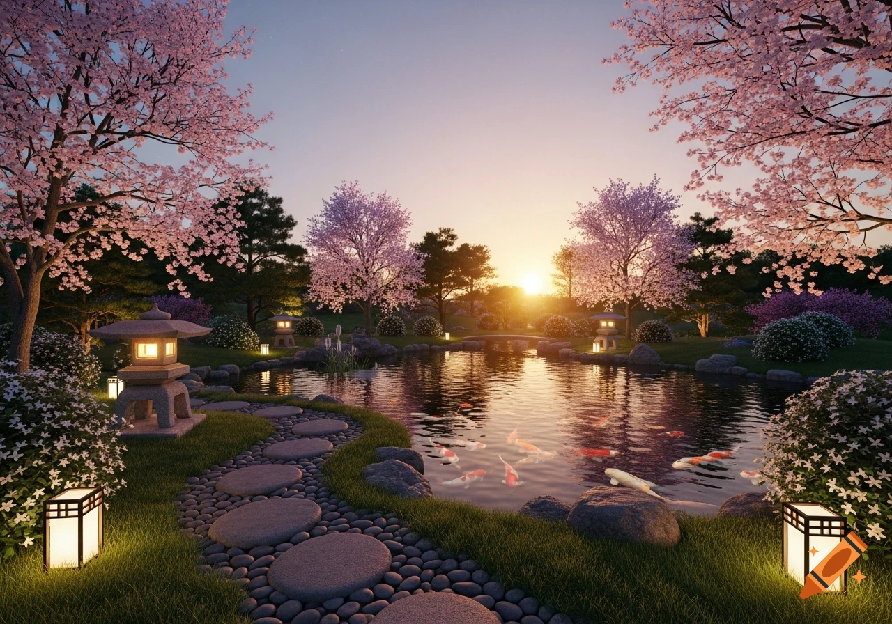 A tranquil Japanese garden at sunset with pink cherry blossoms, a pond with koi fish, a stone lantern, and stepping stones.