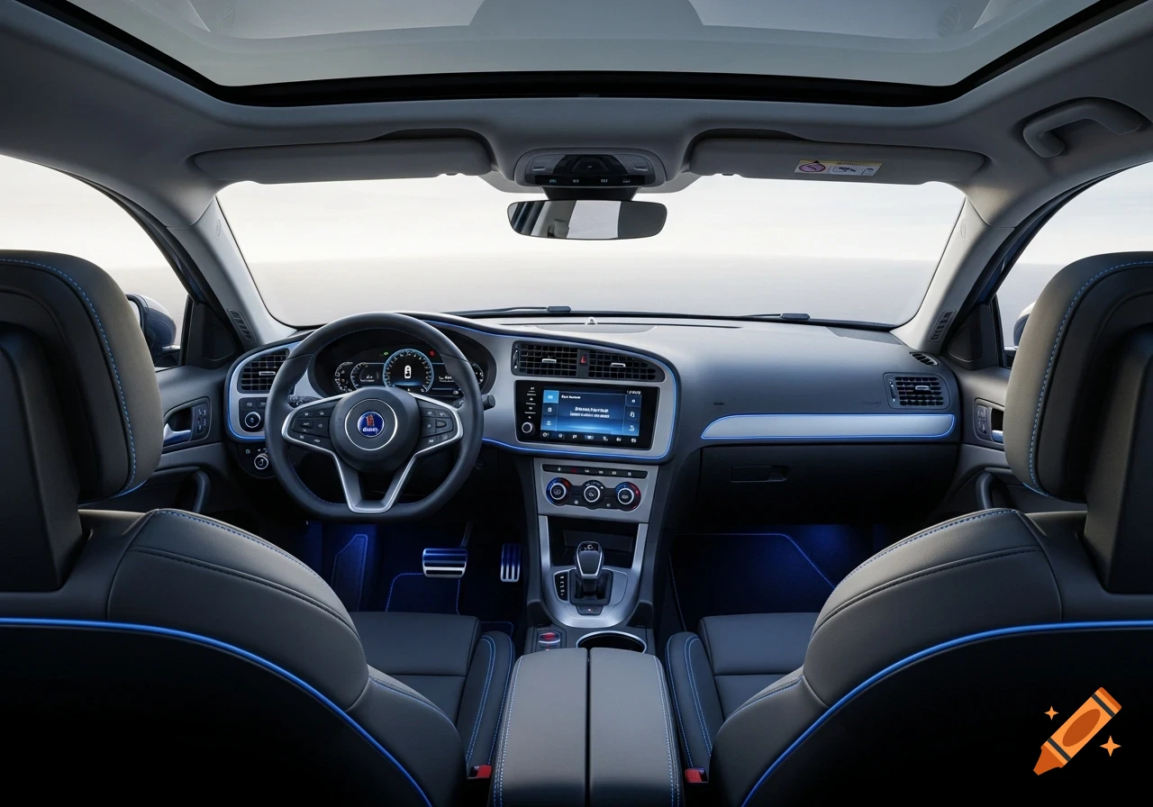 Photorealistic view of a modern car interior with a dashboard, digital screens, steering wheel, blue accents, and a sunroof.
