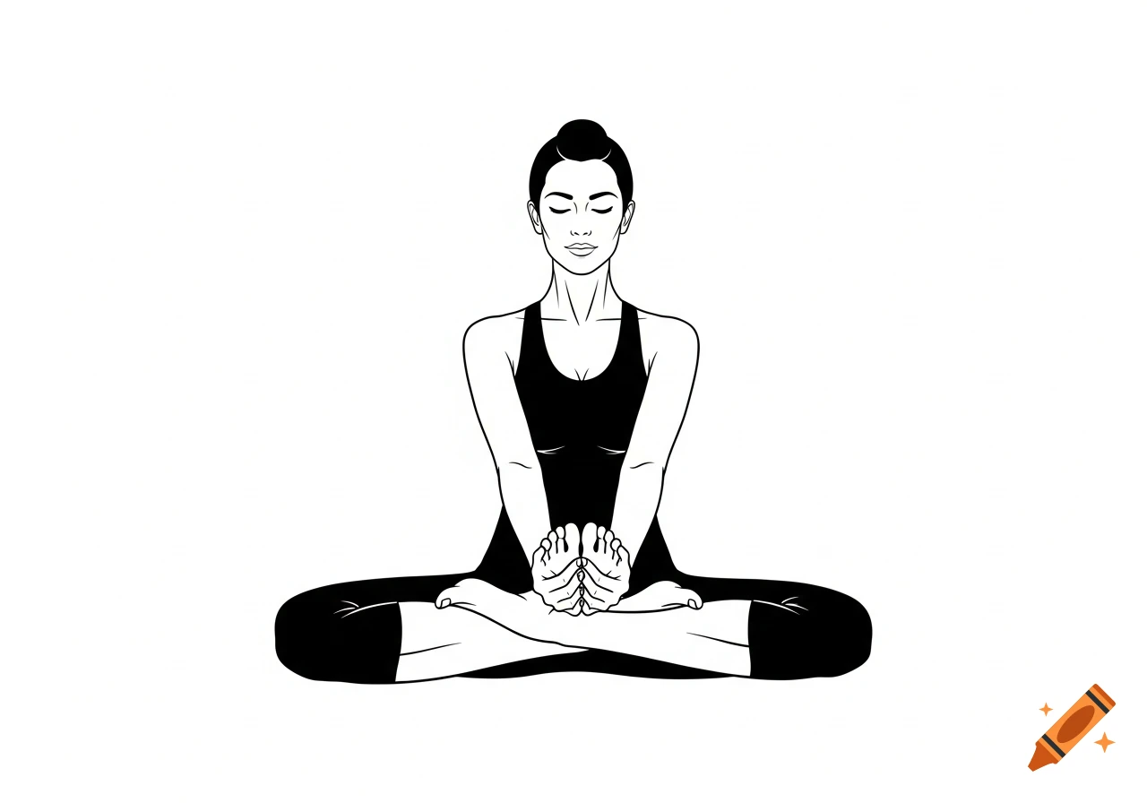 Black and white line art illustration of a woman performing a butterfly yoga pose with her eyes closed.
