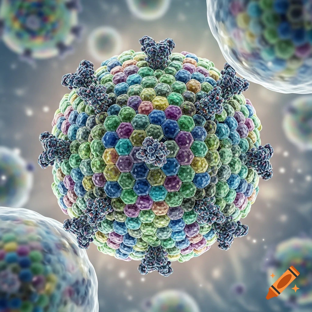 A detailed 3D illustration of a colorful virus particle, composed of hexagonal units, with spike proteins, against a blurred microscopic background.