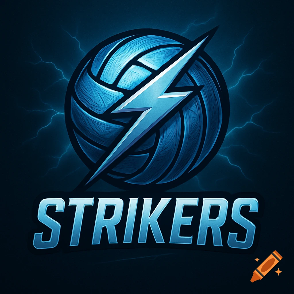 A stylized blue volleyball logo with a metallic lightning bolt striking through it, above the word "STRIKERS" in blue, on a dark background with faint lightning.