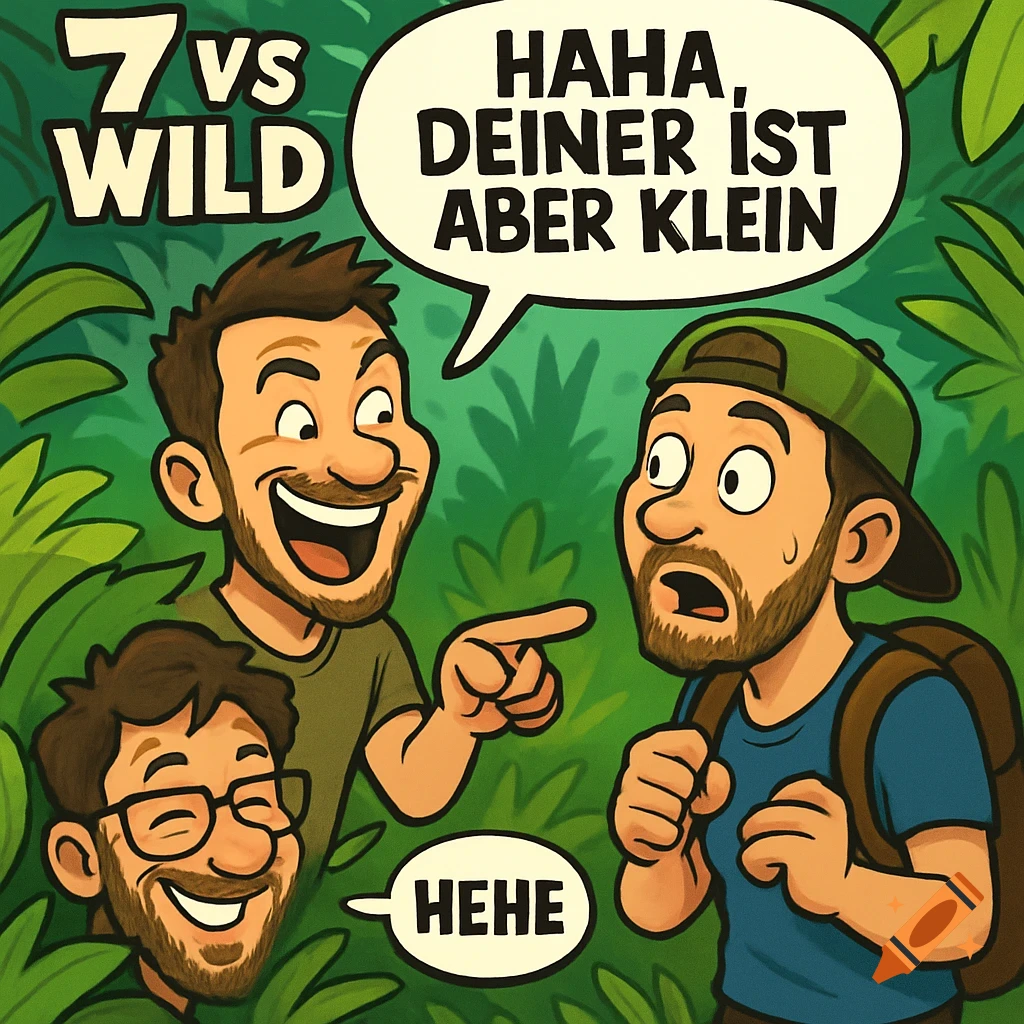 Cartoon of three men in a jungle. One points and laughs, saying 'HAHA, DEINER IST ABER KLEIN', another looks shocked, and a third hides, saying 'HEHE'. Title '7 VS WILD'.