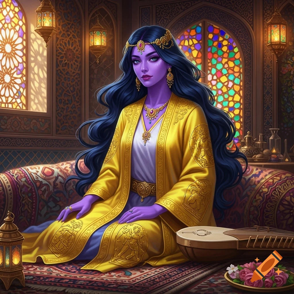A beautiful young woman with purple skin and dark blue hair, wearing ornate yellow silk robes, sitting in a richly decorated Persian-style room.
