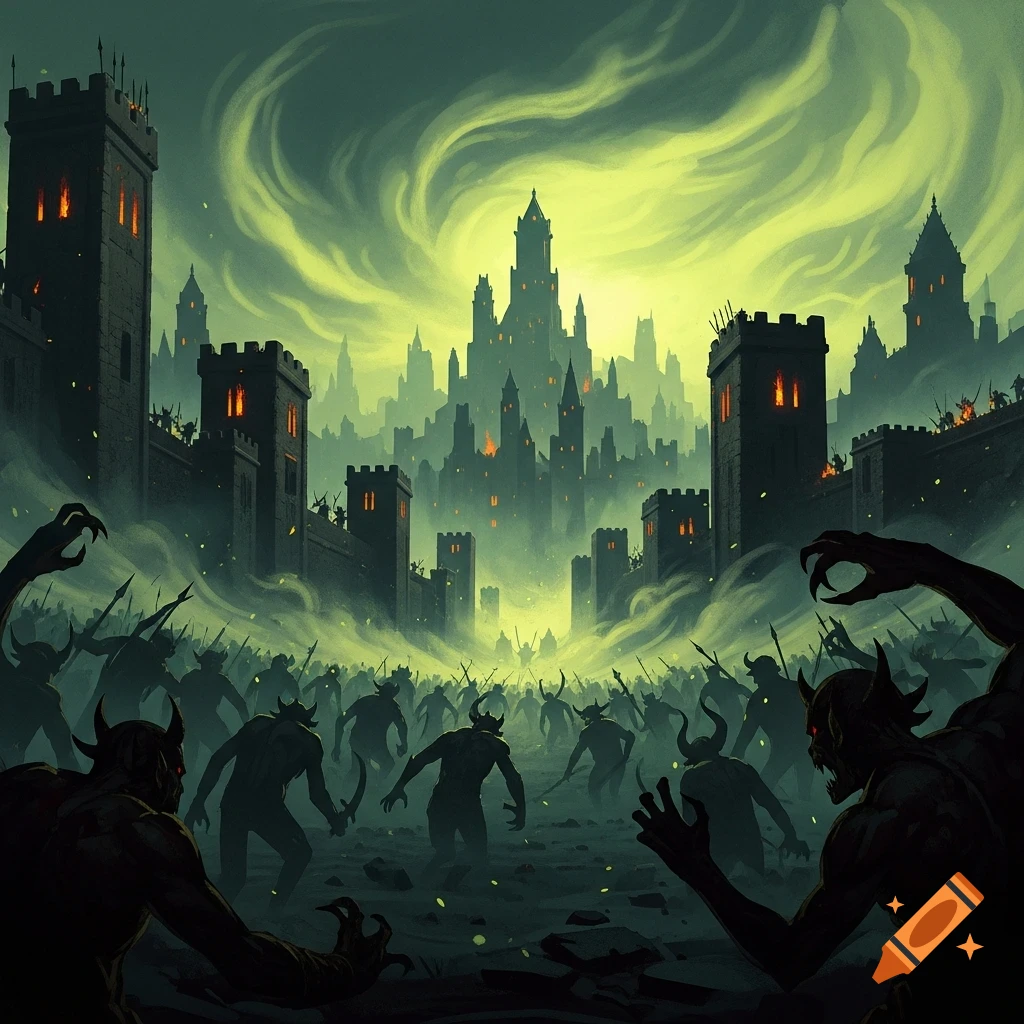 Hordes of horned demons invade a fortified medieval city under a swirling green-yellow mist.