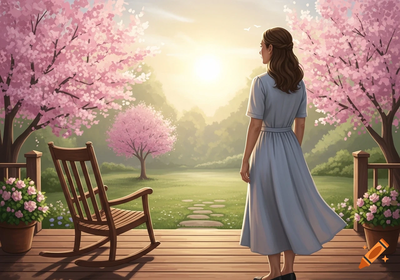 A woman in a blue dress stands on a wooden porch, looking at a sunny spring landscape with pink cherry blossom trees and a green lawn.