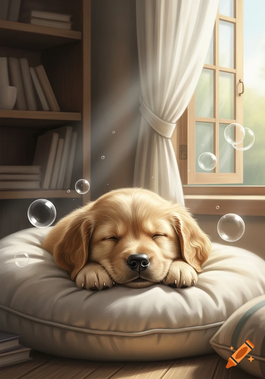 Realistic golden retriever puppy sleeping peacefully on a cushion in a sunlit room with floating bubbles near a window and bookshelf.