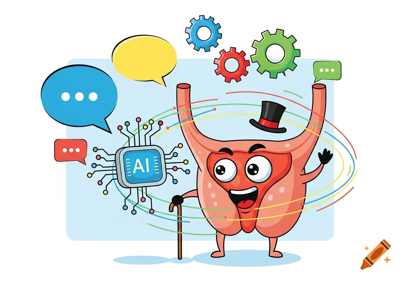 Cartoon of an anthropomorphic prostate wearing a top hat and holding a cane, alongside an AI microchip with speech bubbles.