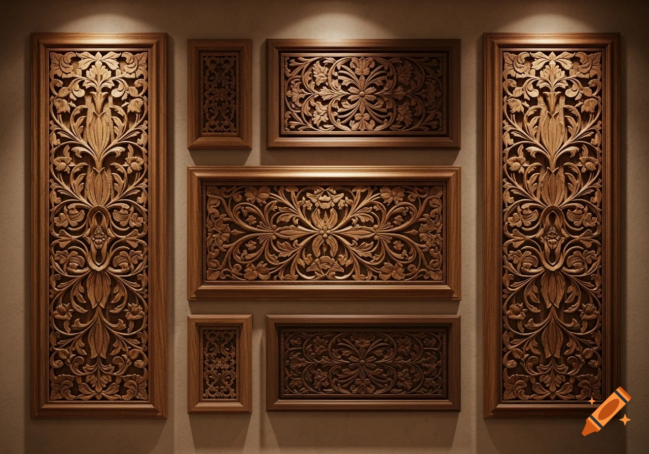 Ornate carved wooden panels featuring intricate floral and leafy patterns on a wall.