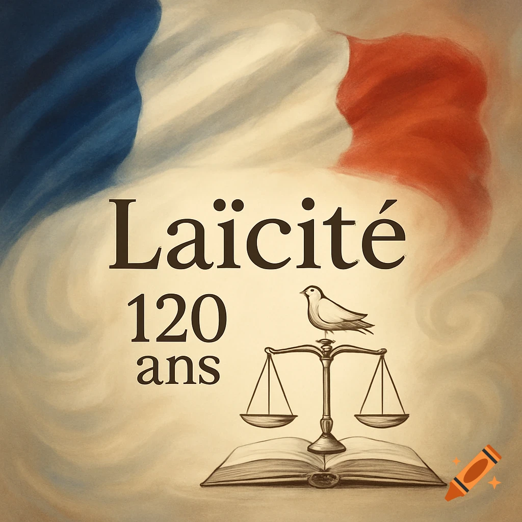 Illustration of the French flag with text "Laïcité 120 ans", a balance scale topped by a dove, and an open book.