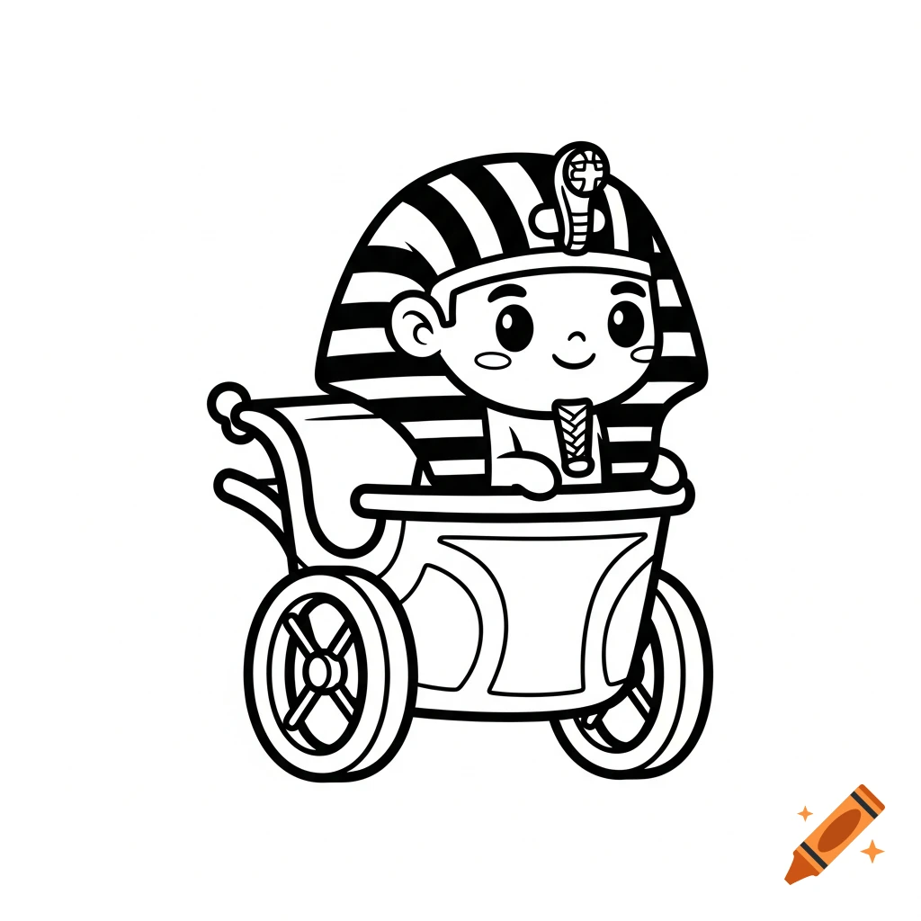 Black and white outline of a cute, chibi-style pharaoh riding in his chariot.
