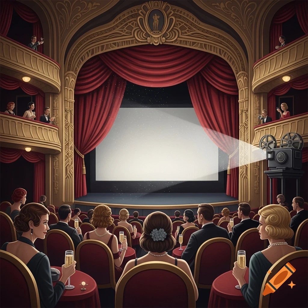 Audience watching a blank screen in an ornate, vintage-style movie theater with red velvet and gold trim, projector beam visible.