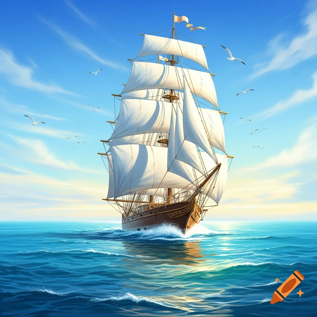 A majestic sailing ship with full white sails glides through a vibrant blue ocean under a bright, partly cloudy sky, with seagulls flying above.