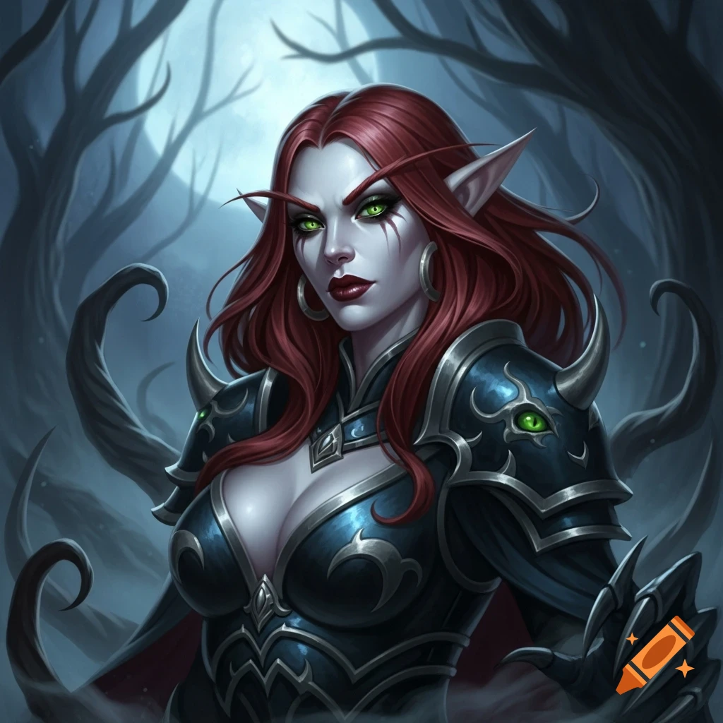 A female Dark Elf with pale skin, red hair, green eyes, and dark armor stands in a twisted forest, digital fantasy art.