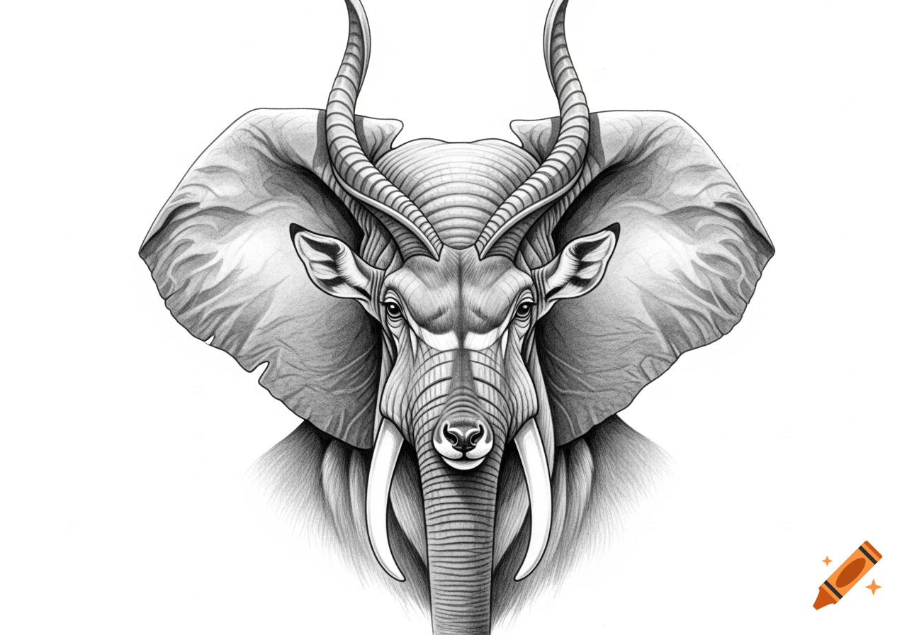 A detailed grayscale pencil drawing of a hybrid creature with elephant ears and tusks, and an antelope's head and horns, on a white background.