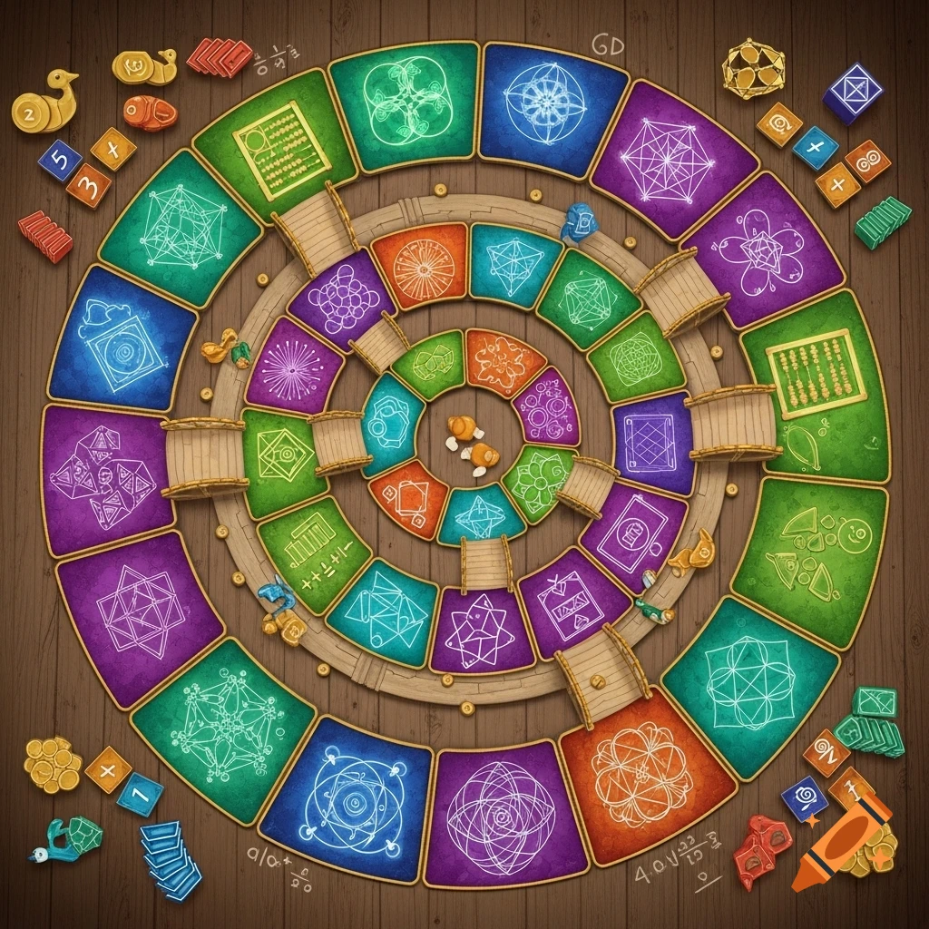 A top-down view of a colorful, spiral board game with geometric and mathematical illustrations on each square, surrounded by game pieces on a wooden table.