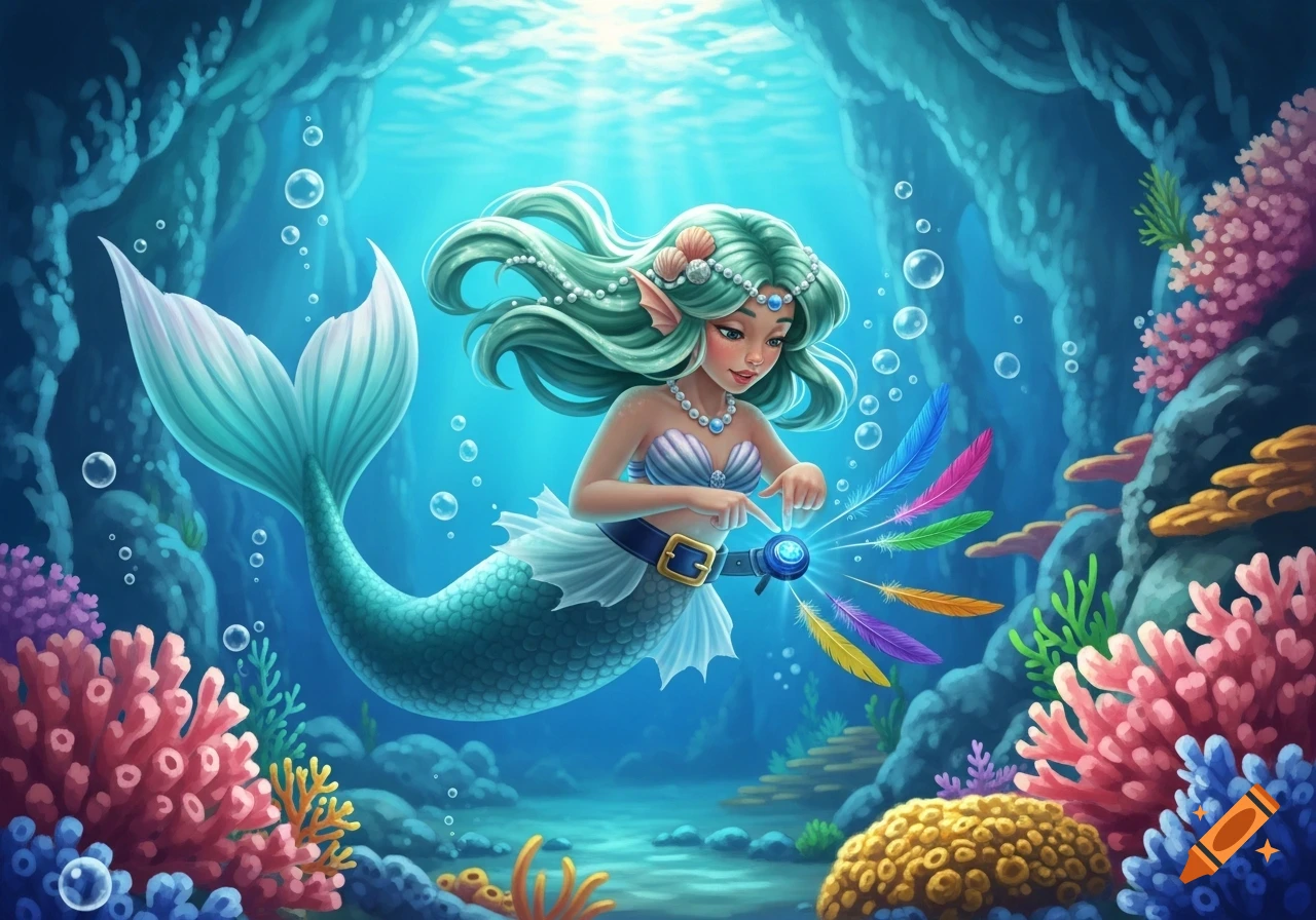 Cartoon mermaid with green hair and a pearl crown, touching a glowing belt buckle emitting colorful feathers underwater in a vibrant coral reef.