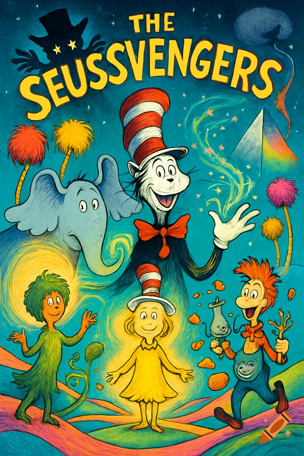 Whimsical Dr. Seuss-style poster 'THE SEUSSVENGERS' with a Cat in the Hat figure, an elephant, and other colorful characters on a vibrant landscape.