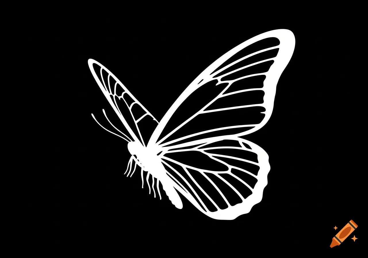 White silhouette of a butterfly with visible wing veins on a black background.
