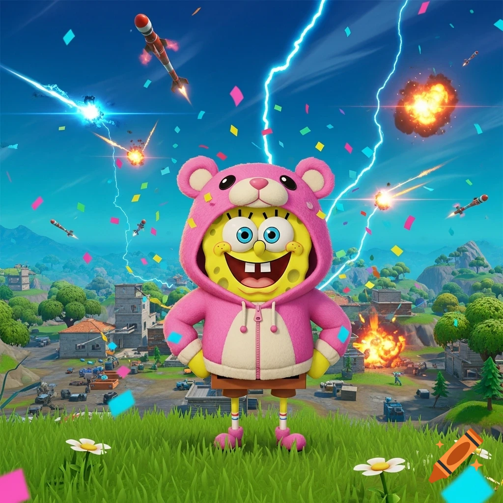 SpongeBob in a pink Cuddle Team Leader costume stands on a grassy Fortnite battlefield with explosions, rockets, lightning, and confetti.