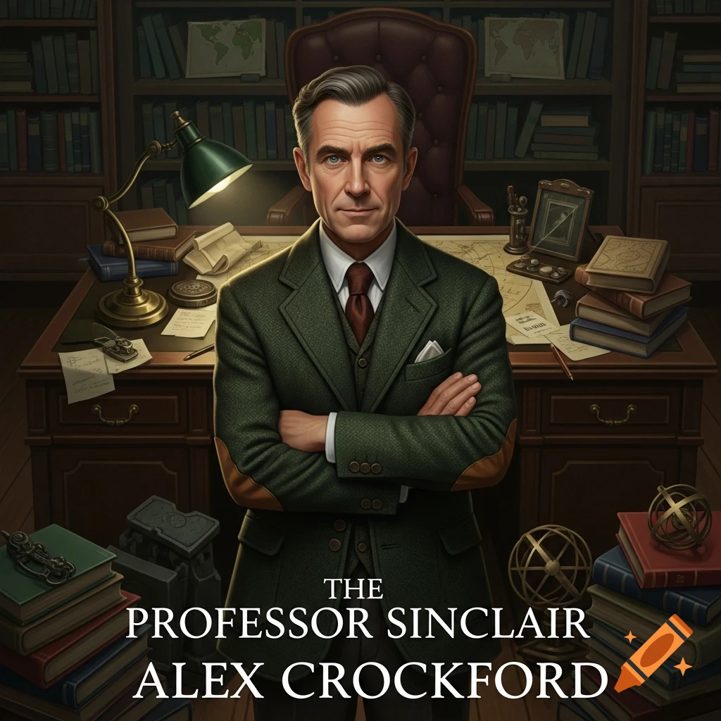 A distinguished professor in a tweed suit stands with crossed arms in a study, with text reading "THE PROFESSOR SINCLAIR ALEX CROCKFORD" overlaid.