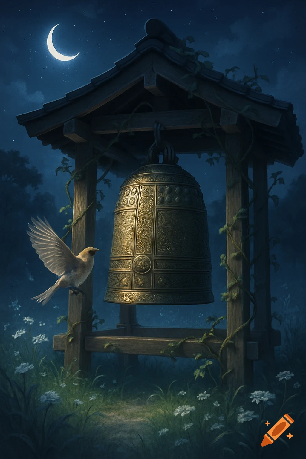 An ornate golden bell hangs under a wooden roof structure at night, with a sparrow in flight nearby under a crescent moon and starry sky.