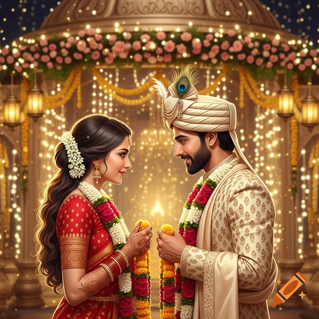 A Hindu bride and groom in traditional attire exchange garlands under a beautifully decorated canopy with glowing lights.