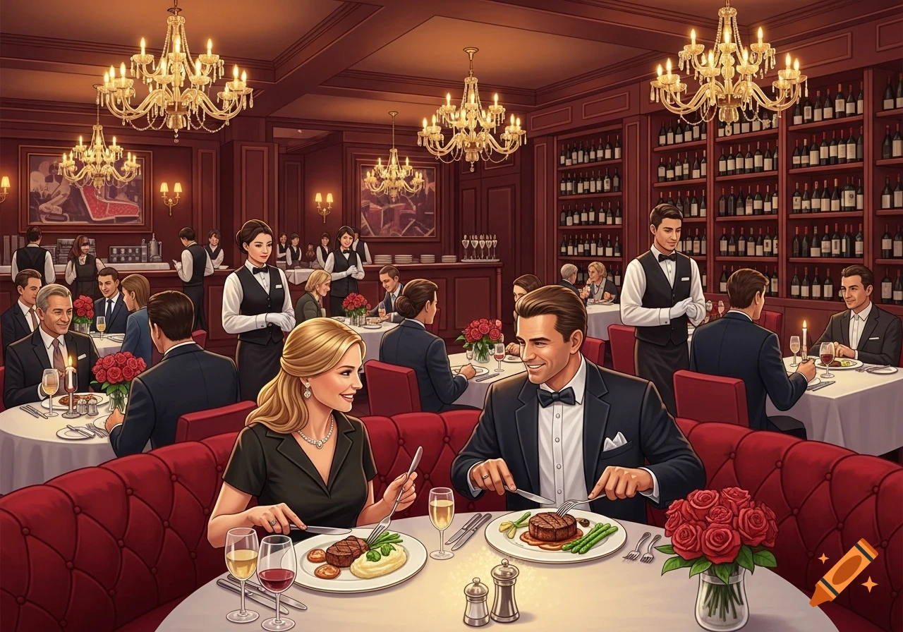 People in formal attire dine in a fancy steak restaurant with red booths, ornate chandeliers, and wine-filled shelves.
