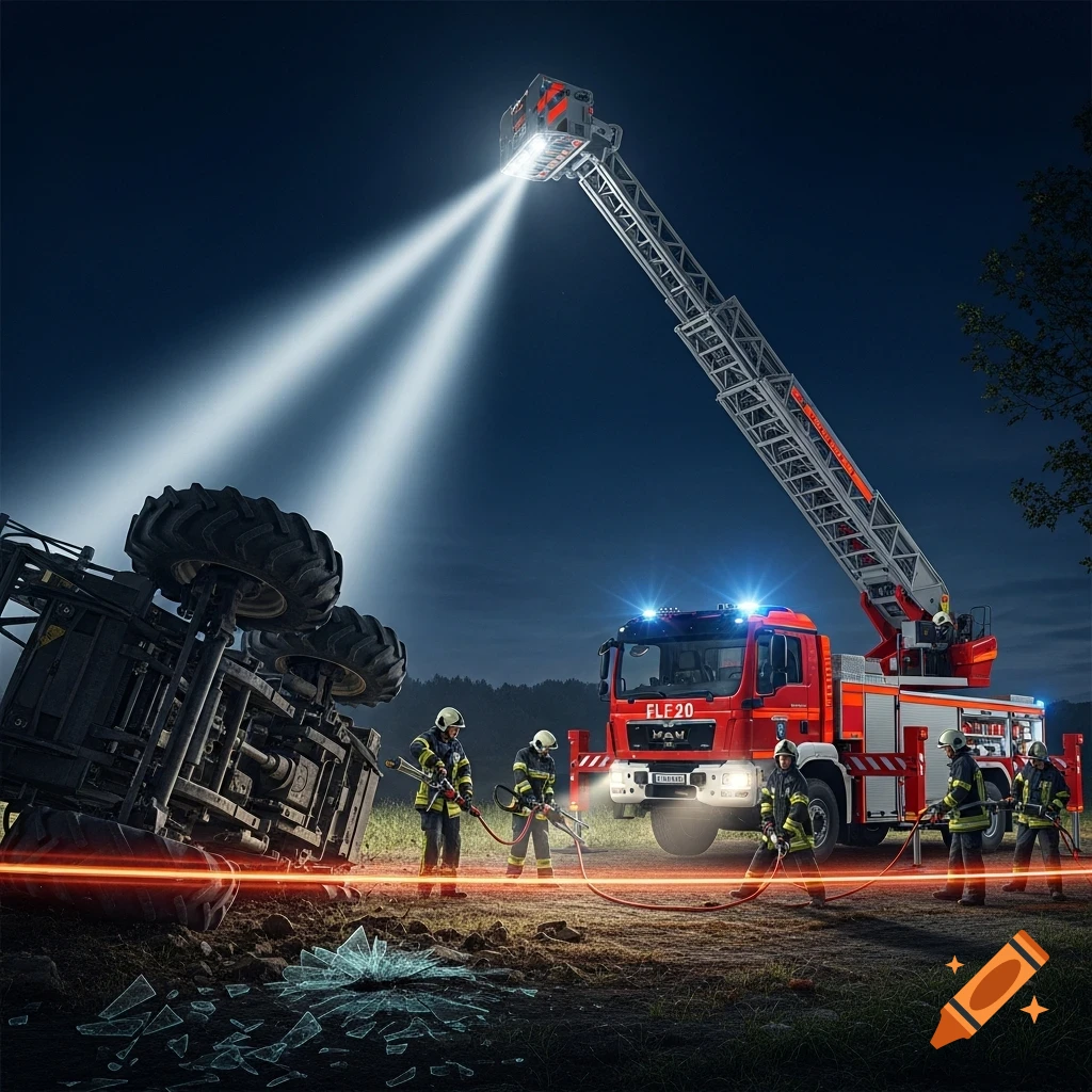 Firefighters use a ladder truck with an extended light mast and hydraulic rescue tools at night to assist with an overturned tractor.