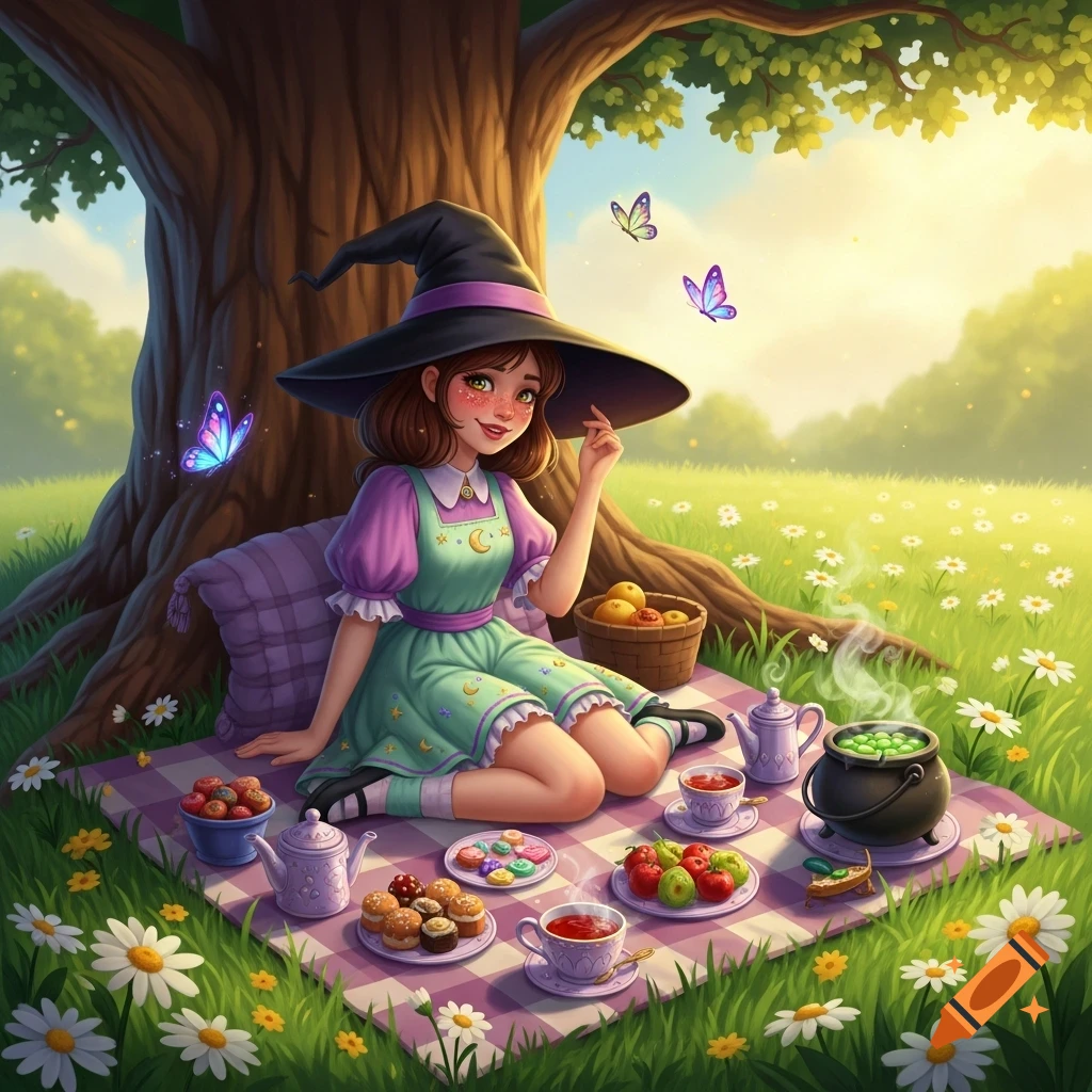 A cute witch girl has a picnic under a large tree in a daisy field, surrounded by snacks, tea, a cauldron, and flying butterflies.