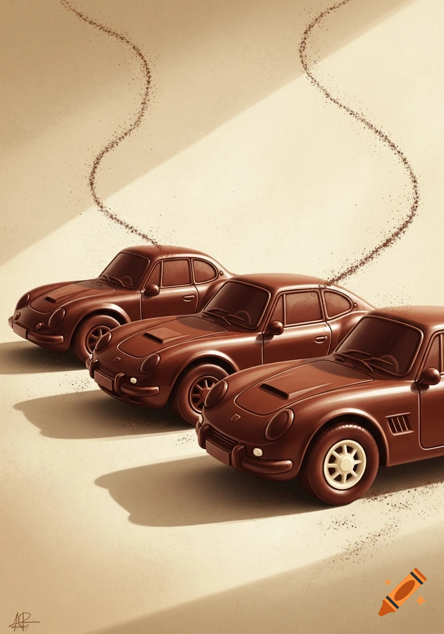 Three detailed chocolate cars are lined up on a light brown surface, leaving wavy trails of chocolate dust.