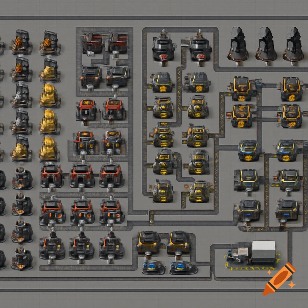 Overhead view of a stylized factory floor with various machines, conveyor belts, and a truck at a loading dock.