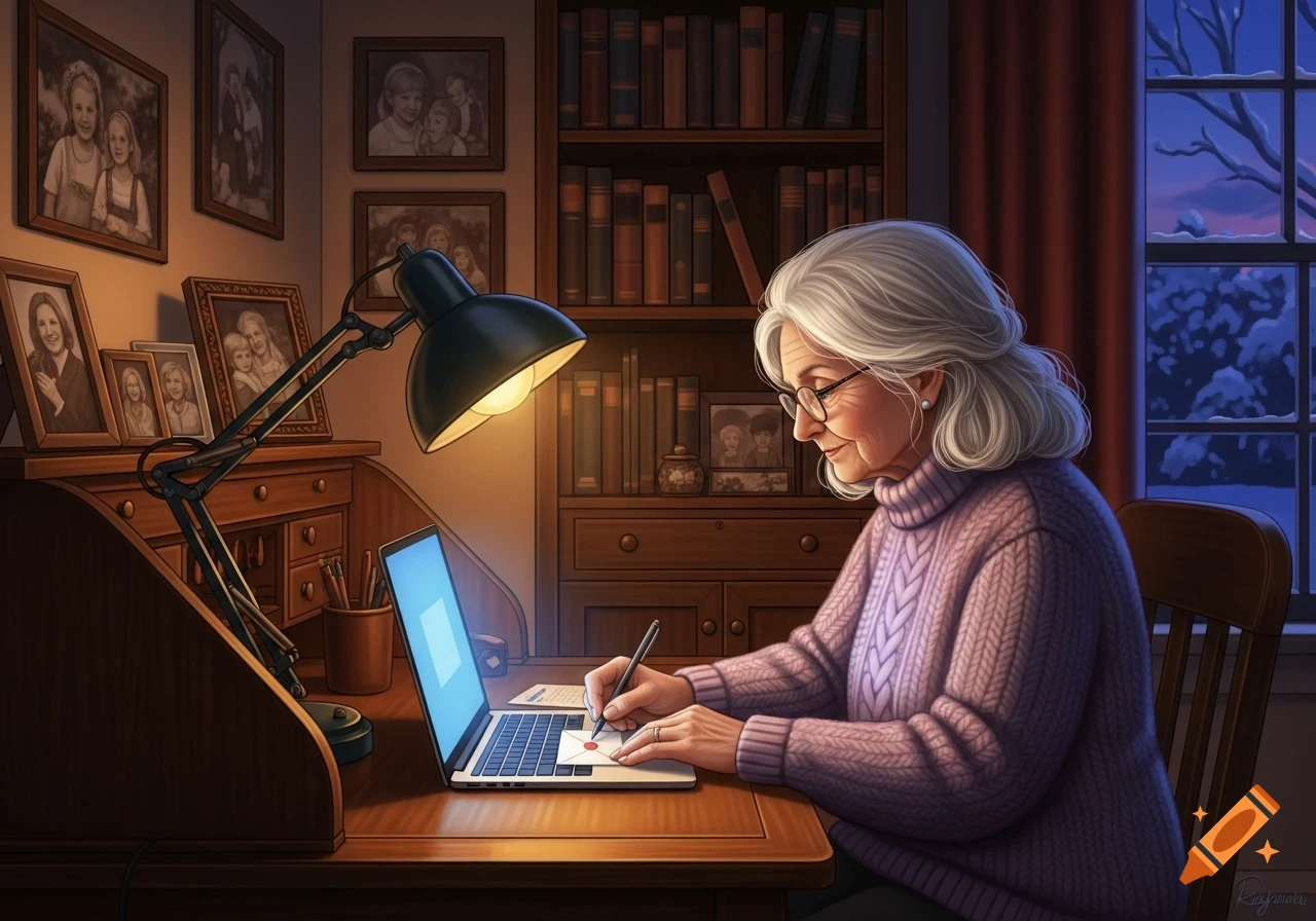 An elderly woman writes at a wooden desk with a laptop under a warm lamp at night, with family photos on the wall.
