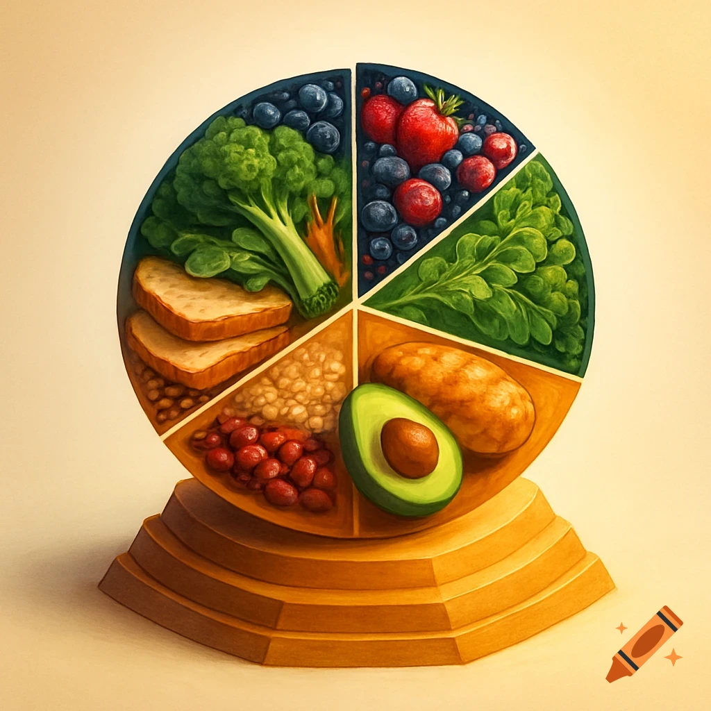 Painterly illustration of a circular healthy eating diagram on a wooden base, divided into sections of fruits, vegetables, grains, and healthy fats.