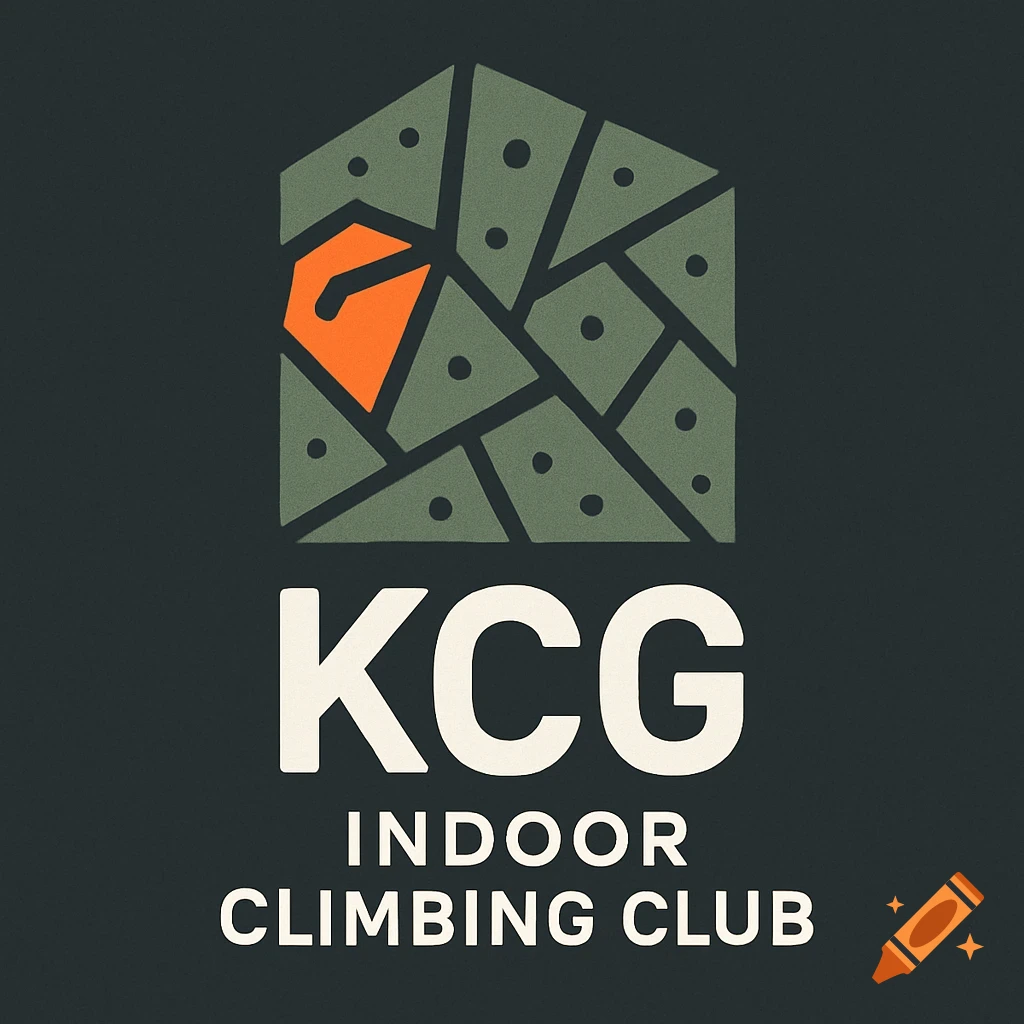 Logo for KCG Indoor Climbing Club with a stylized green climbing wall, orange hold, and white text.