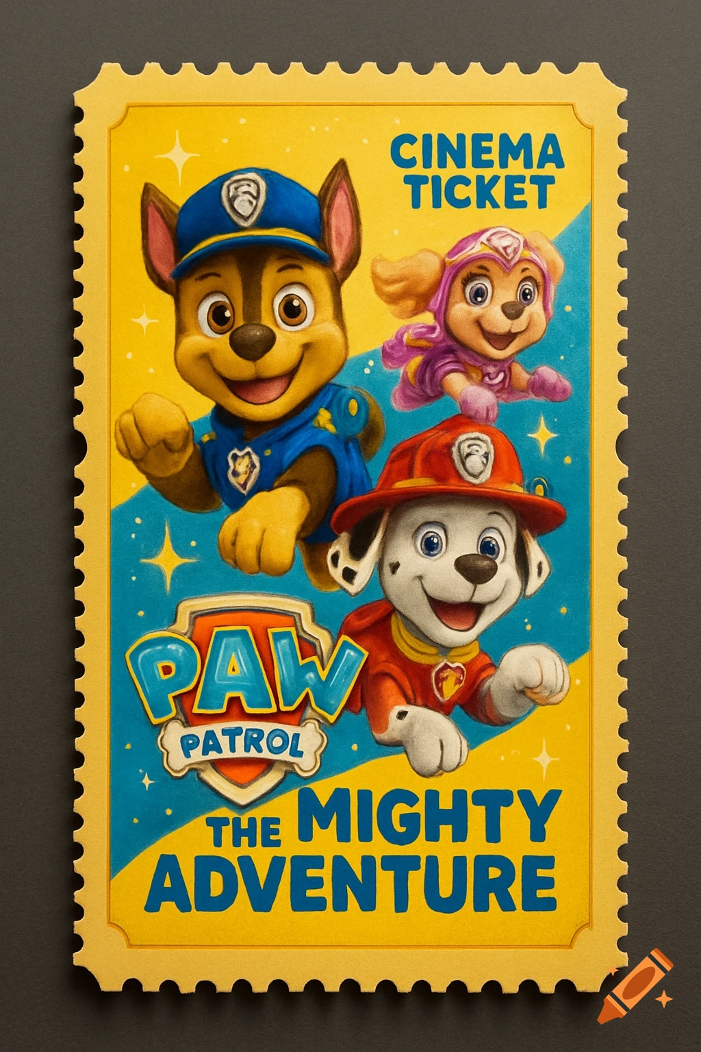 A vibrant Paw Patrol cinema ticket with Chase, Skye, and Marshall. Text reads 'Cinema Ticket', 'Paw Patrol', and 'The Mighty Adventure'.