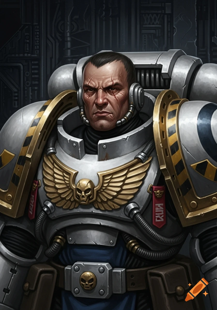 A stern, battle-hardened Palatine Enforcer from Warhammer 40K, wearing heavy white and gold armor, in a semi-realistic, painterly portrait.